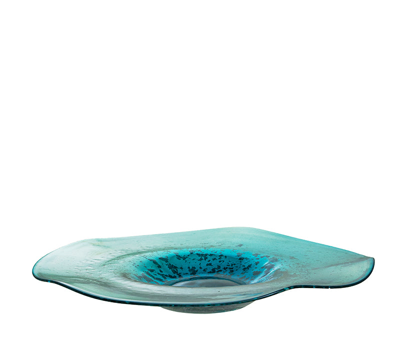 Handmade glass platter in petrol color with special glazing