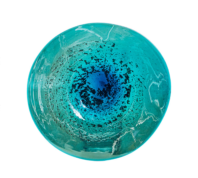 Handmade glass platter in petrol color with special glazing