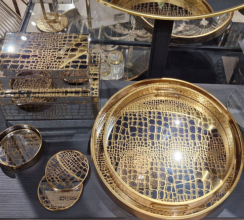 Set of 2 Round "Croco" Trays with Mirror