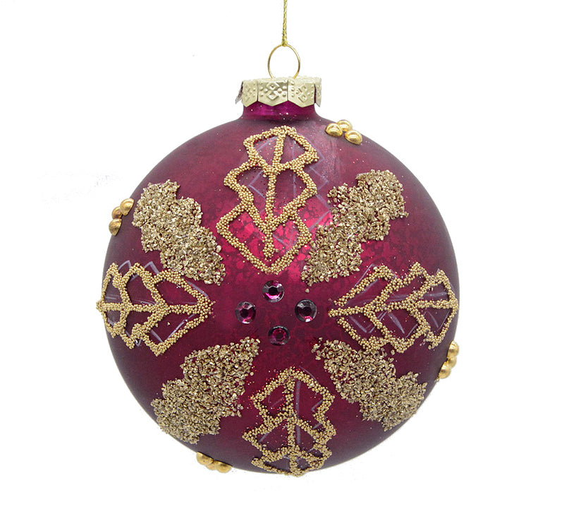 Burgundy Glass Christmas Ball with Gold Leaf Design – 10 cm