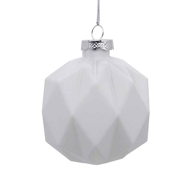 Matte White Geometric Glass Christmas Bauble – 8 cm