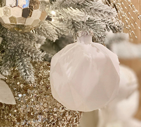 Matte White Geometric Glass Christmas Bauble – 8 cm