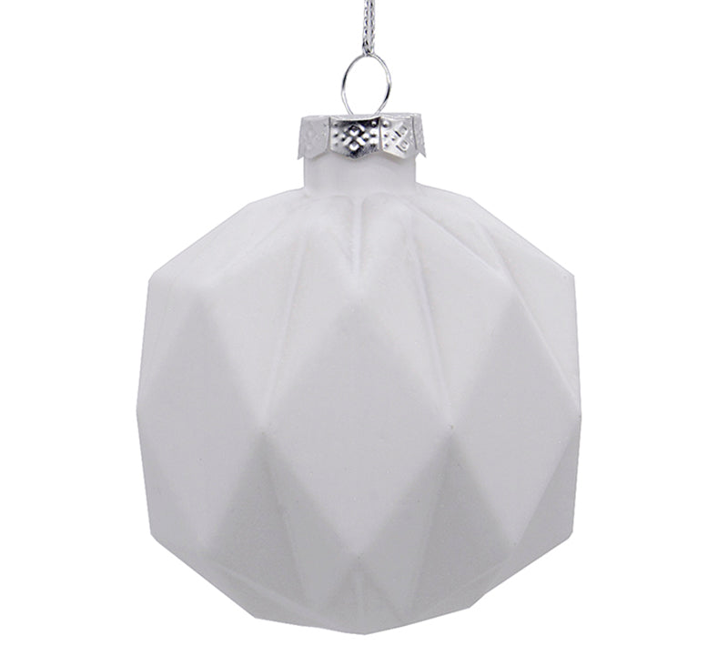 White Geometric Glass Christmas Bauble – 10 cm