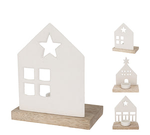 Decorative House Candle Holder with Wooden Base – 16–19 cm