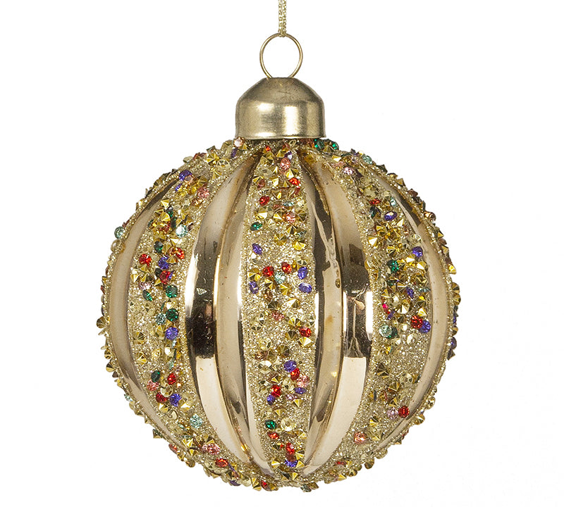 Gold Glass Christmas Bauble with Multicoloured Stones – 8 cm