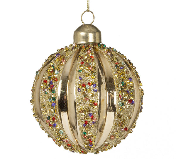 Gold Glass Christmas Bauble with Multicoloured Stones – 8 cm