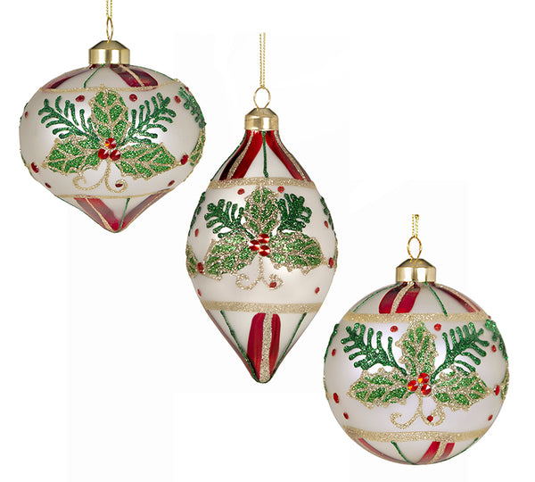 Glass Christmas Ornaments with Red Stripes & Holly Leaves – 3 Designs
