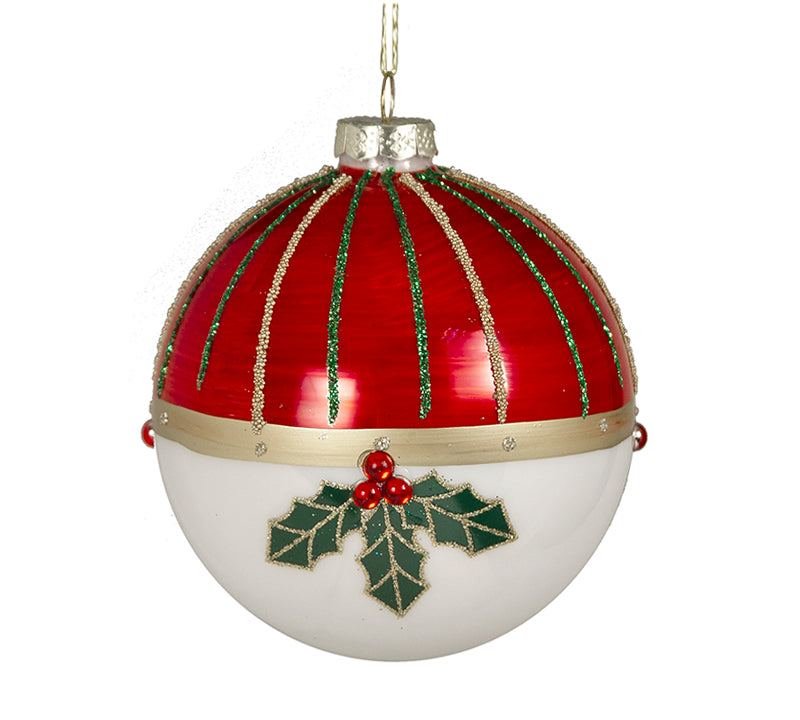 Glass Christmas Bauble with Red Stripes & Holly Leaves – 8 cm
