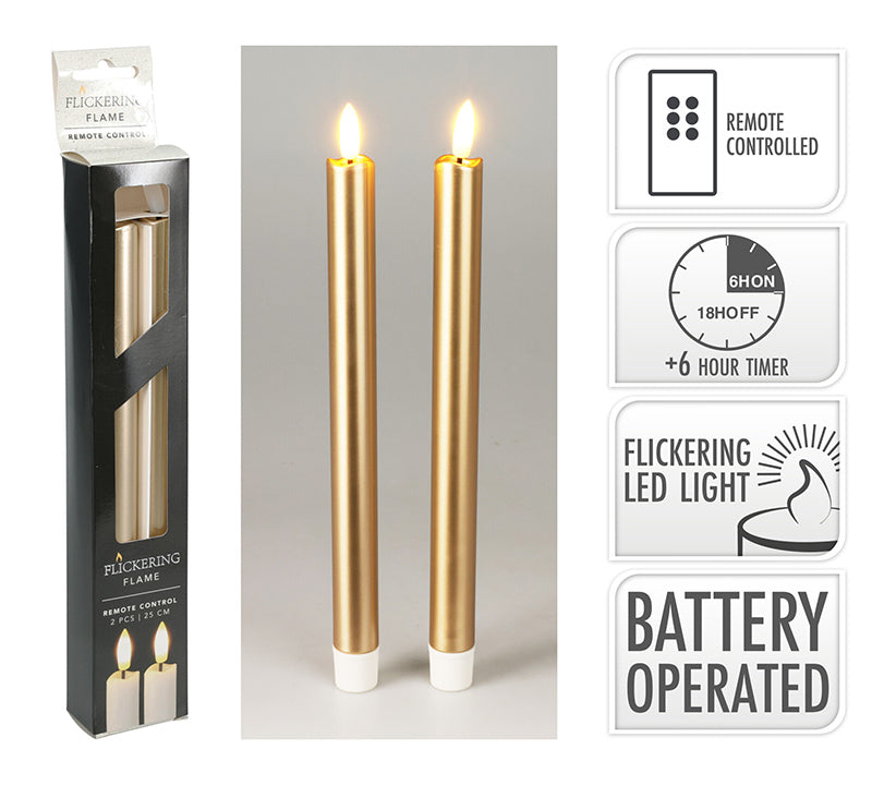 Gold LED Taper Candles – Set of 2, 25 cm | ZAROS