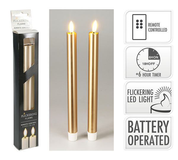 Gold LED Taper Candles – Set of 2, 25 cm | ZAROS