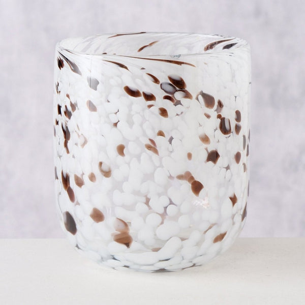 Borea Round Glass Candleholder White with Brown Details