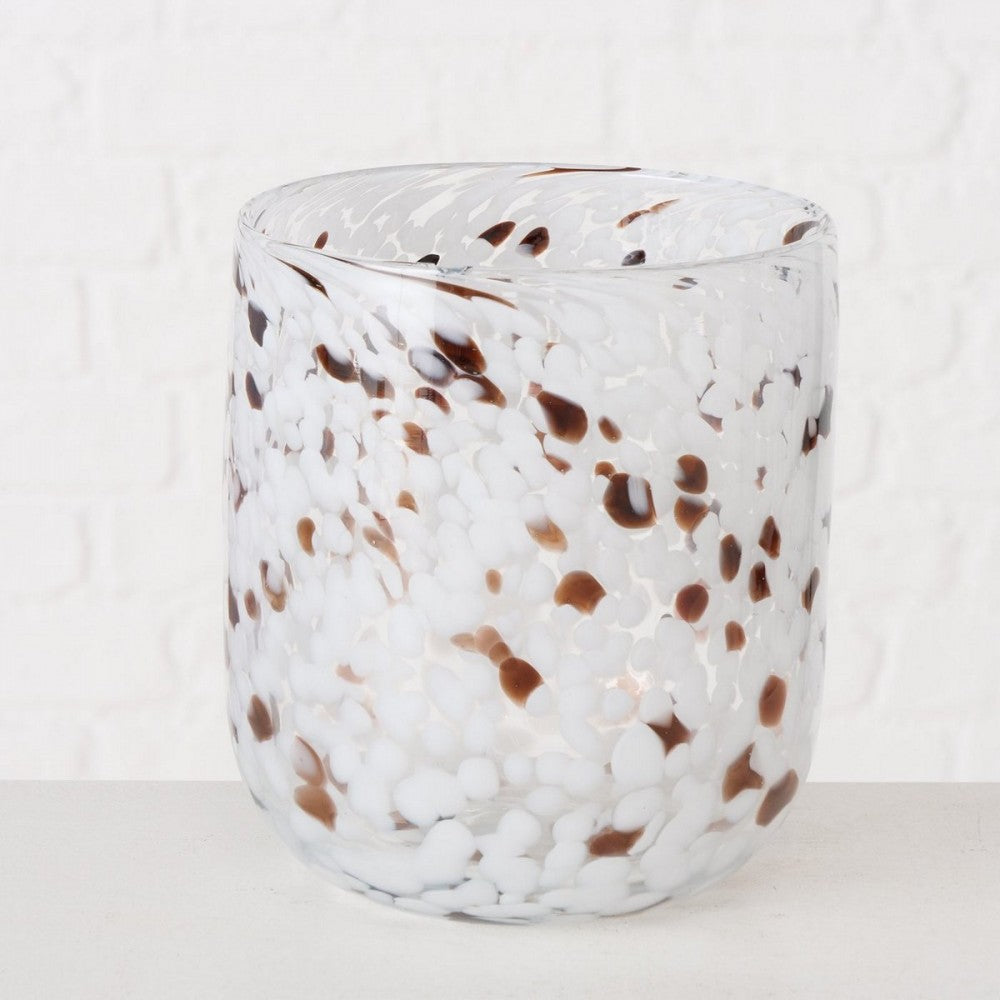 Borea Round Glass Candleholder White with Brown Details
