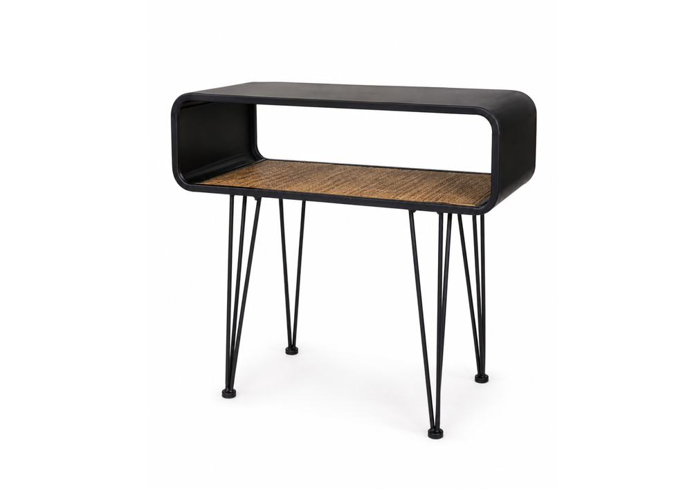 Black Console Table with Rattan Shelf