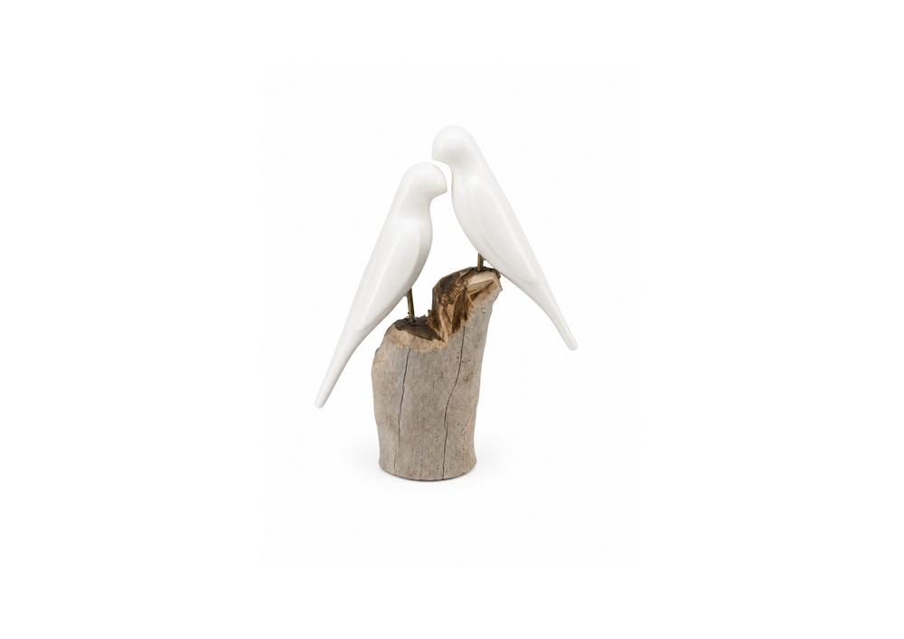 Minimalist White Bird Sculpture on Driftwood
