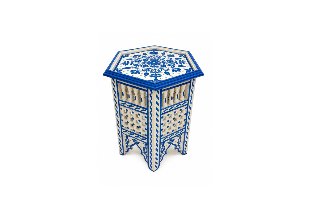 Ornate Blue-and-White Hexagonal Side Table