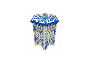 Ornate Blue-and-White Hexagonal Side Table
