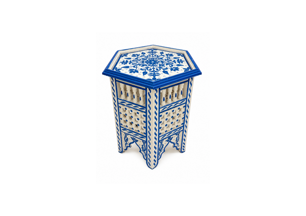 Ornate Blue-and-White Hexagonal Side Table