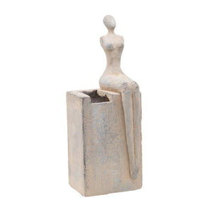 Gray Decorative Flower Pot with Female Figure Made of Magnesium