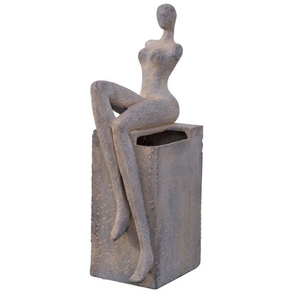 Gray Decorative Flower Pot with Female Figure Made of Magnesium