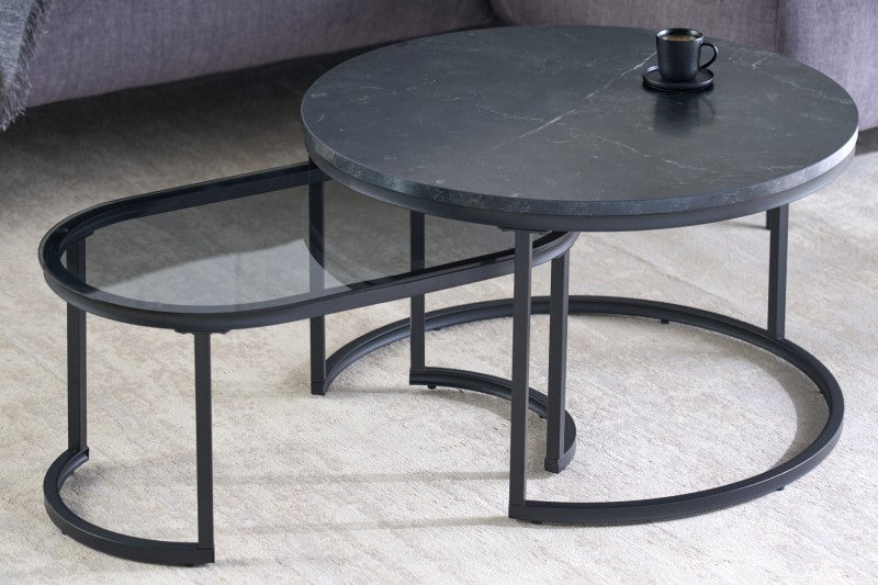 Elegance Black Wood Marble Effect Coffee Table (Set of 2) 72×72×42 cm & 70×34×40 cm