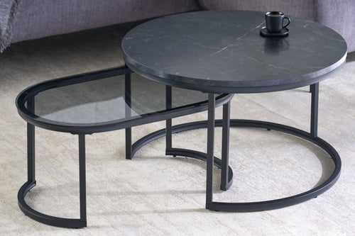 Elegance Black Wood Marble Effect Coffee Table (Set of 2) 72×72×42 cm & 70×34×40 cm