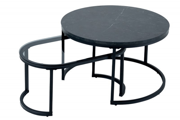 Elegance Black Wood Marble Effect Coffee Table (Set of 2) 72×72×42 cm & 70×34×40 cm