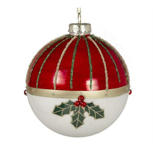 Glass ball red and white & holly leaf