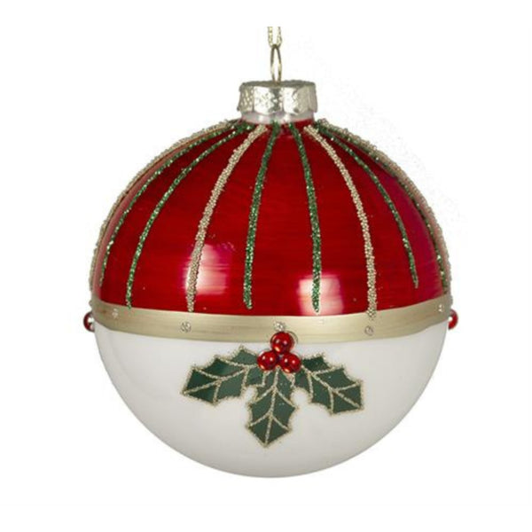 Glass ball red and white & holly leaf